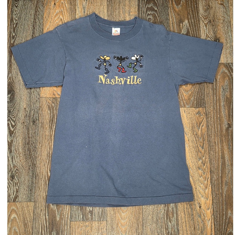 Vintage Fruit of the Loom Nashville T Shirt Navy Blue Embroidered Cowboy 90s M